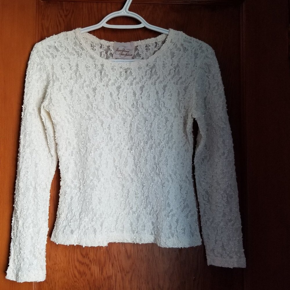 Vintage, lacey, sheer blouse, cream top, M, S, Freedom Fashion